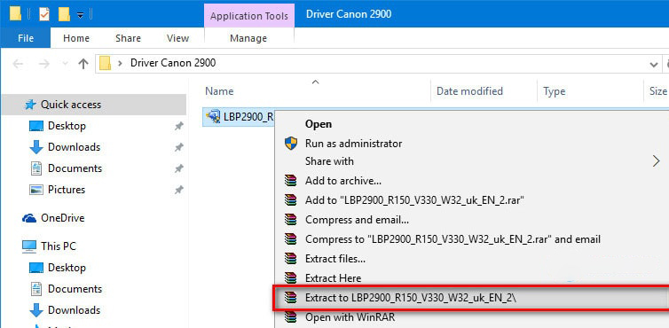 Click chuột phải vào file vừa tải về, dùng Winrar để giải nén Driver máy in Canon 2900: